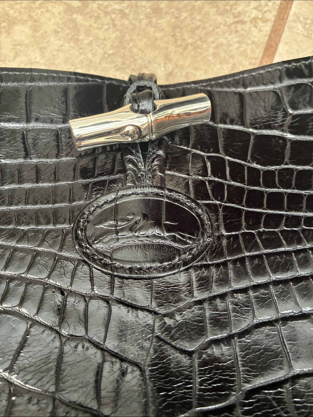 Longchamp Black Croc-Embossed Shoulder Bag with Silver Toggle - Picture 2 of 10